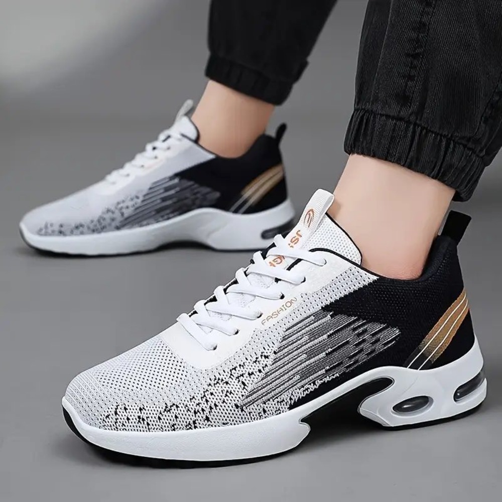 Men's Fashion Knit Athletic Sneakers White Black Grey Air Cushion Running Shoes